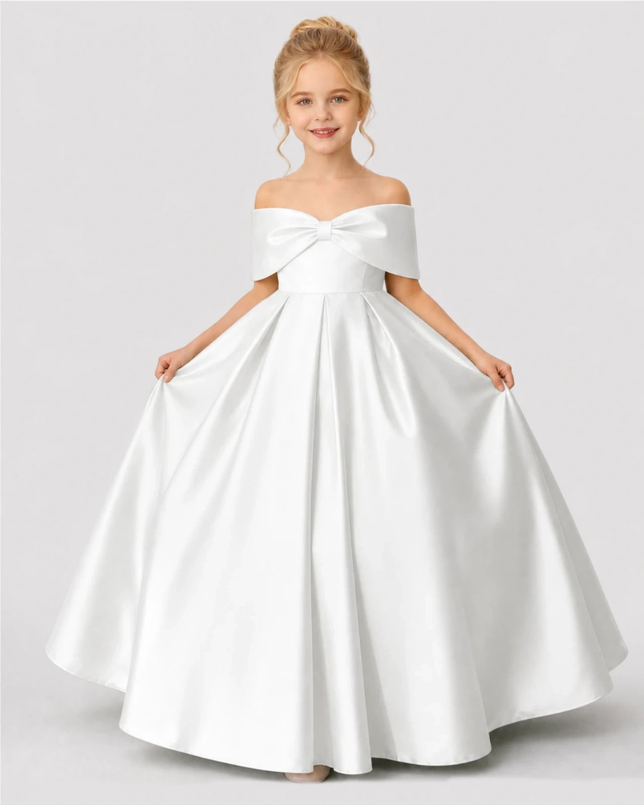Ivory Satin A-line Flower Girl Dress Front View