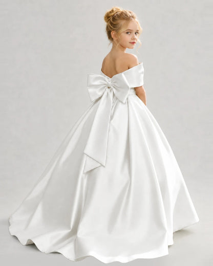 Ivory Satin A-line Flower Girl Dress Back View