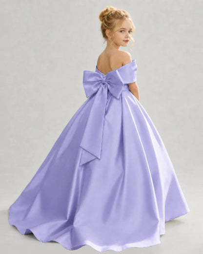 Lavender Satin A-line Flower Girl Dress Back View
