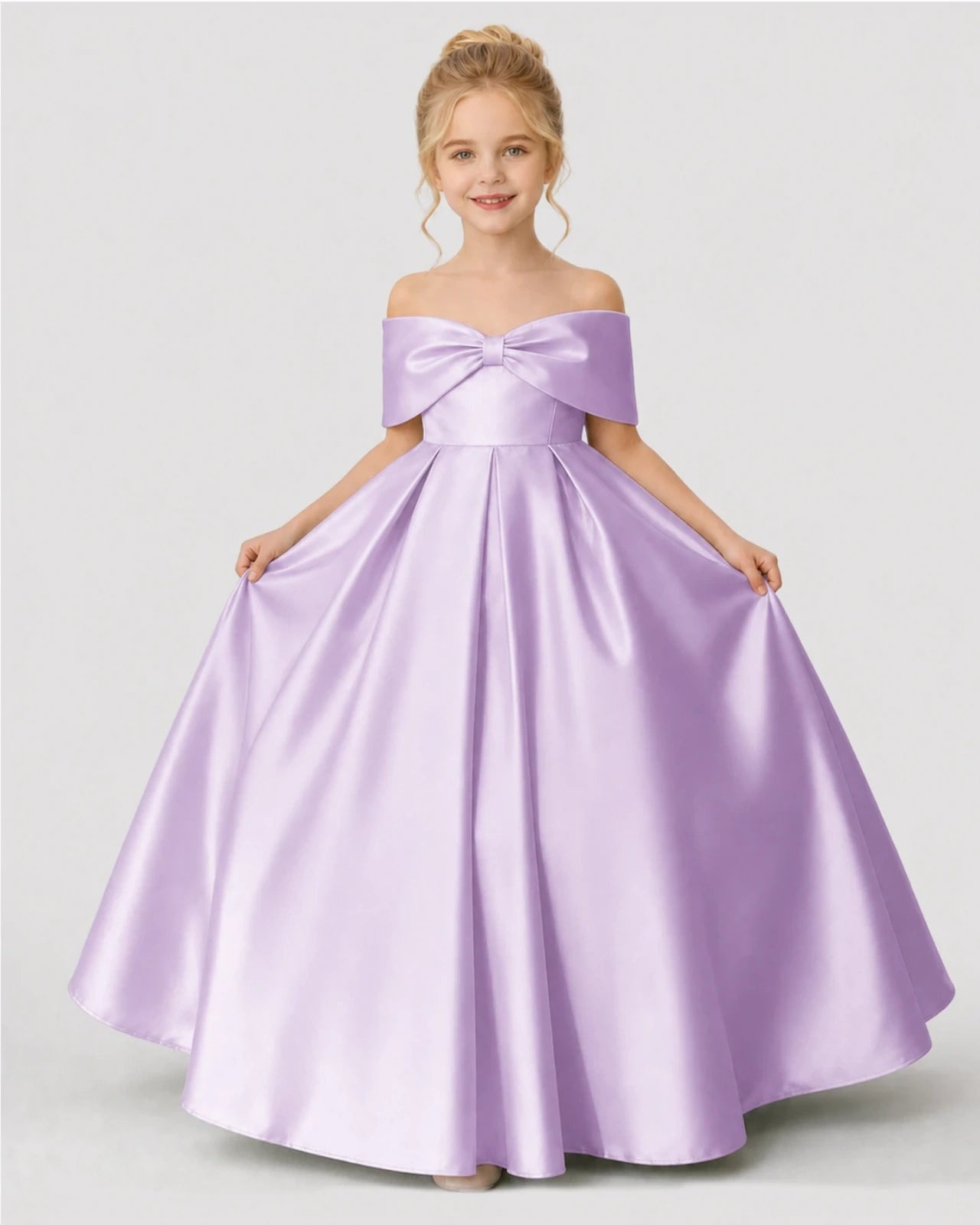 Lilac Satin A-line Flower Girl Dress Front View