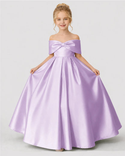 Lilac Satin A-line Flower Girl Dress Front View