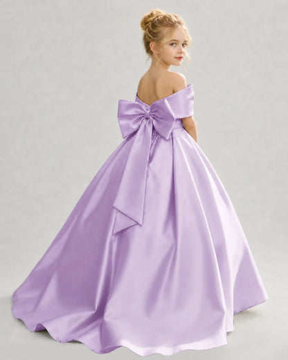 Lilac Satin Ball Gown Flower Girl Dress Back View