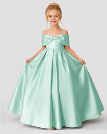 Dideyttawl White Flower Girl Dress Off-the-Shoulder Satin Ball Gown