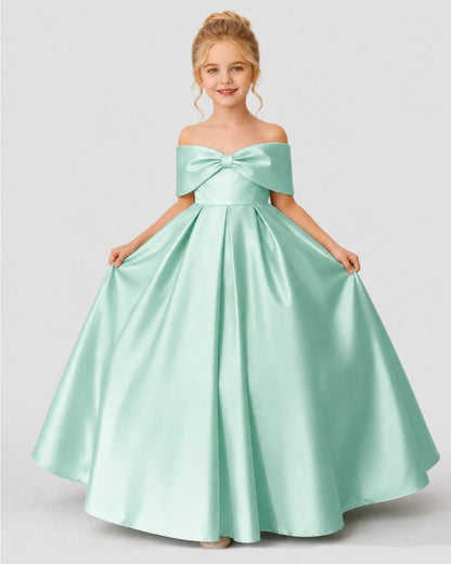 Mint Green Satin A-line Flower Girl Dress Front View