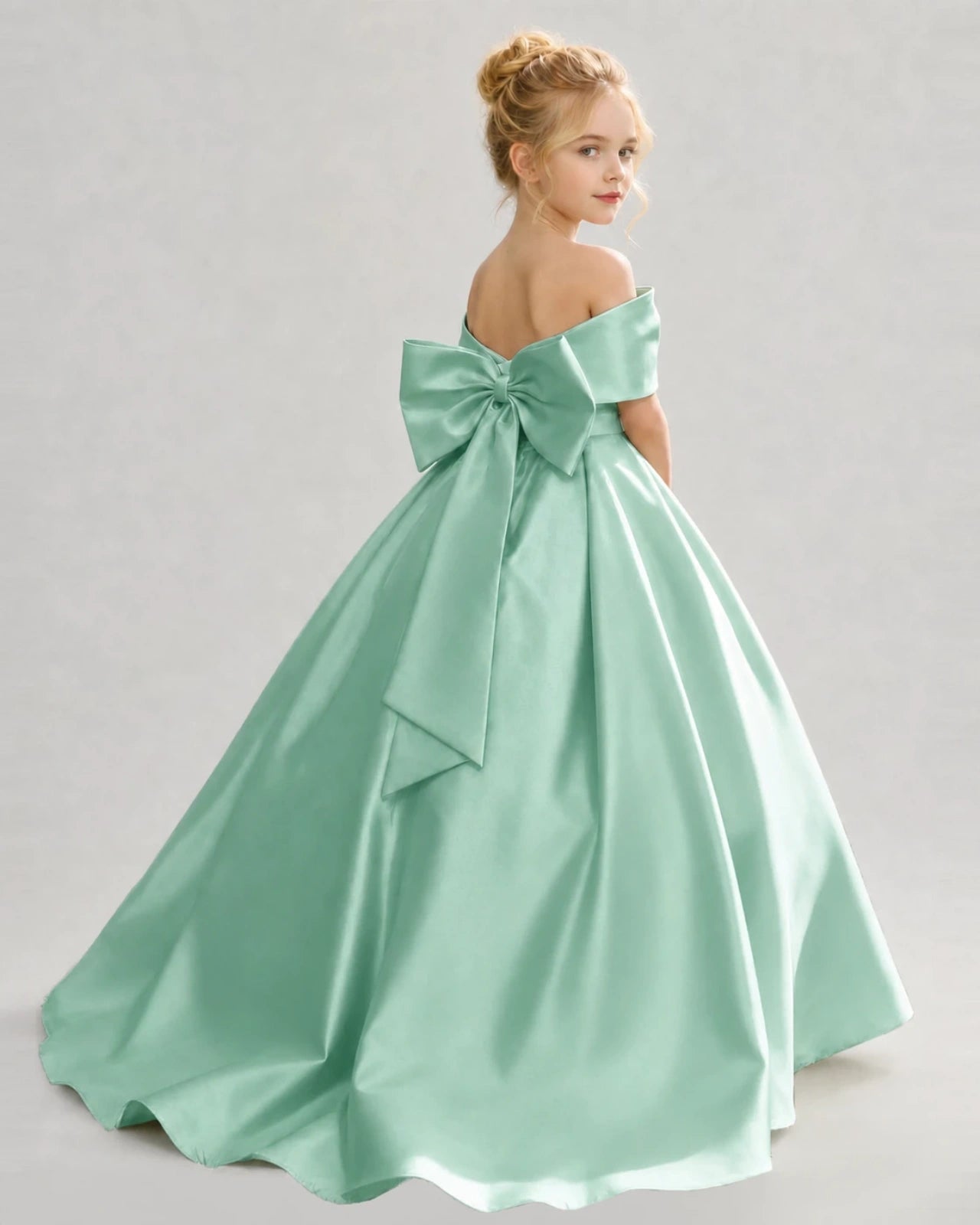 Mint Green Satin Ball Gown Flower Girl Dress Back View
