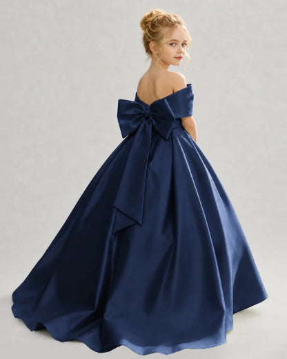 Navy Blue Satin Ball Gown Flower Girl Dress Back View
