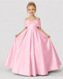 Dideyttawl White Flower Girl Dress Off-the-Shoulder Satin Ball Gown