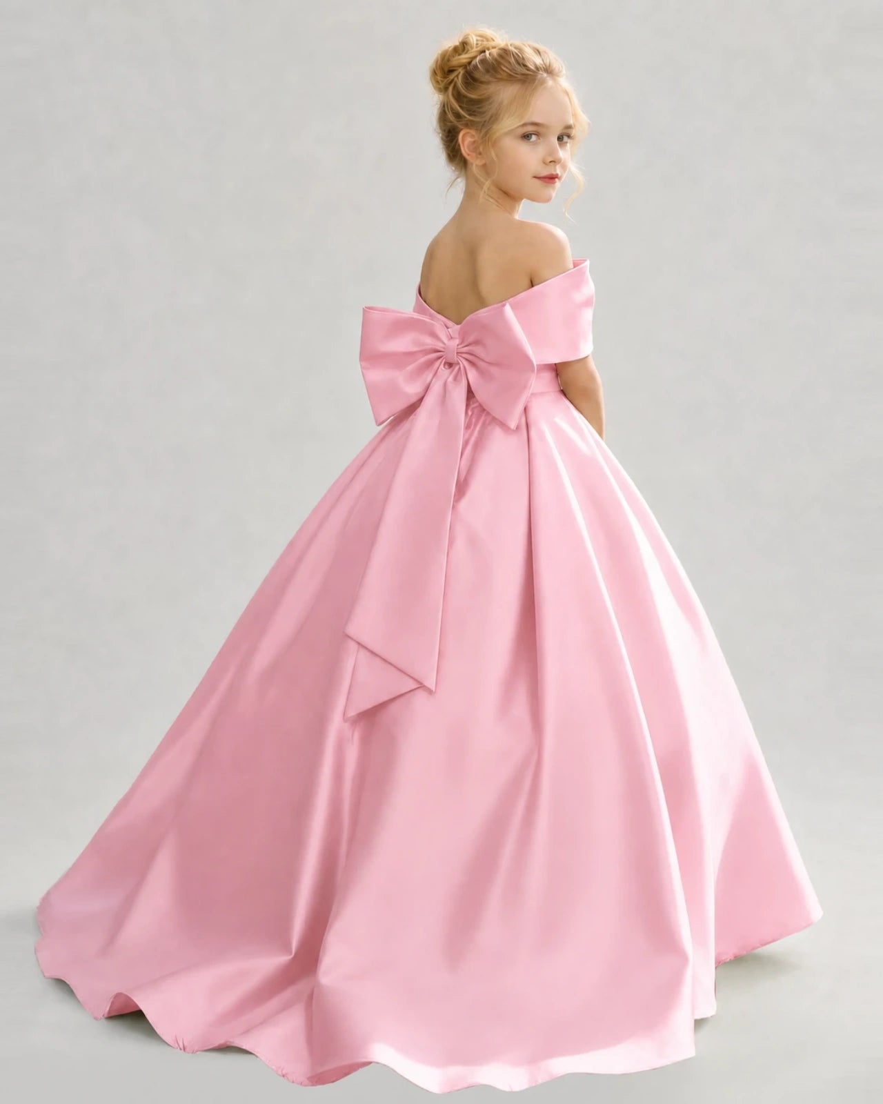 Pink Satin Ball Gown Flower Girl Dress Back View