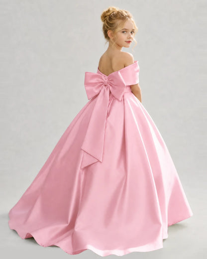Pink Satin Ball Gown Flower Girl Dress Back View