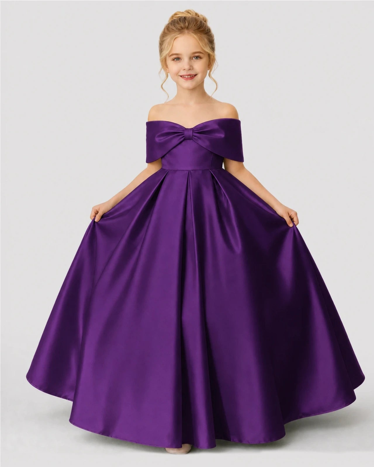 Purple Satin A-line Flower Girl Dress Front View