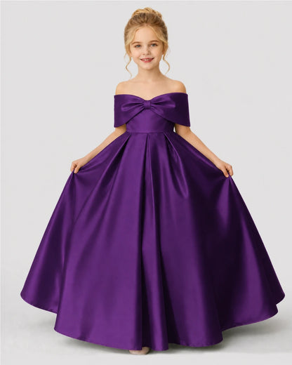 Purple Satin A-line Flower Girl Dress Front View