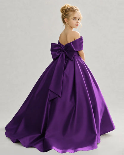 Purple Satin Ball Gown Flower Girl Dress Back View