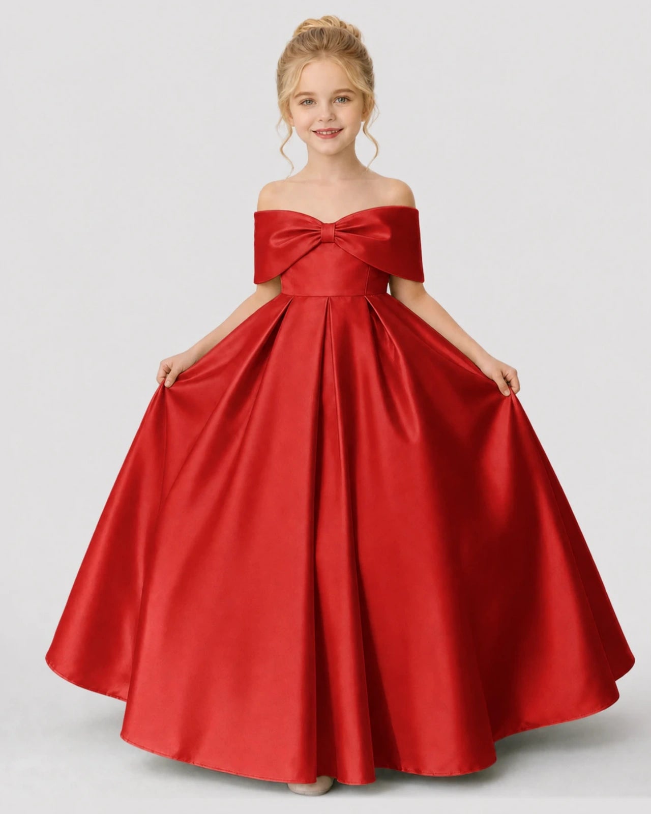 Red Satin A-line Flower Girl Dress Front View