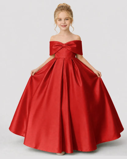 Red Satin A-line Flower Girl Dress Front View