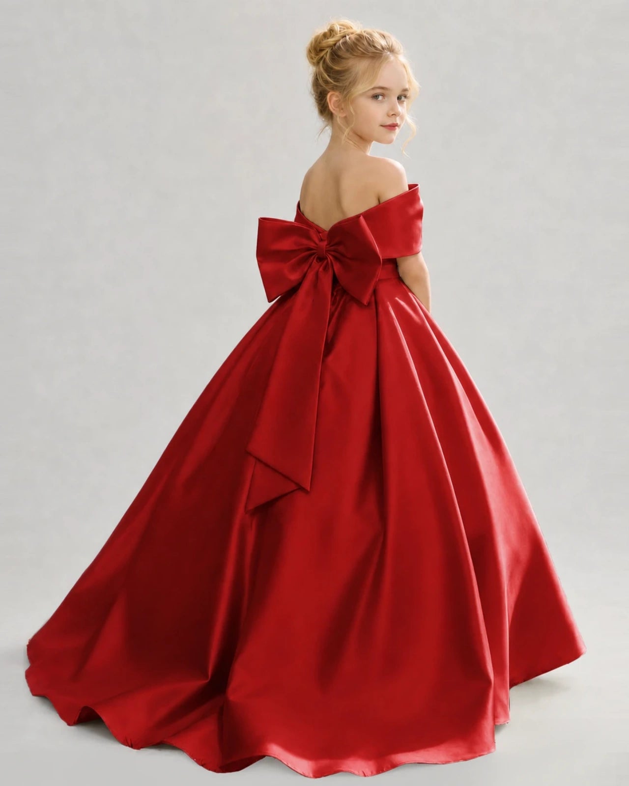 Red Satin Ball Gown Flower Girl Dress Back View