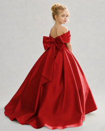 Dideyttawl White Flower Girl Dress Off-the-Shoulder Satin Ball Gown