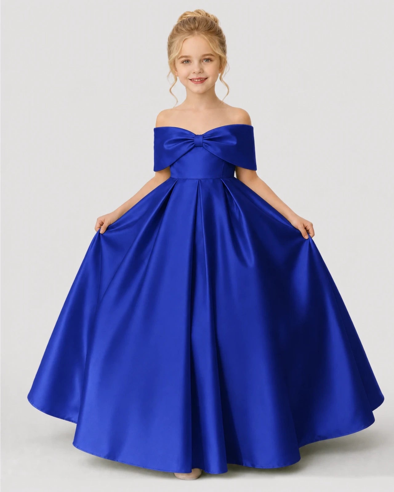 Royal Blue Satin A-line Flower Girl Dress Front View