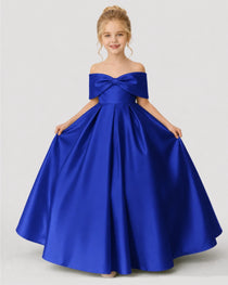 Dideyttawl White Flower Girl Dress Off-the-Shoulder Satin Ball Gown
