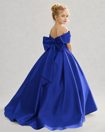 Royal Blue Satin Ball Gown Flower Girl Dress Back View