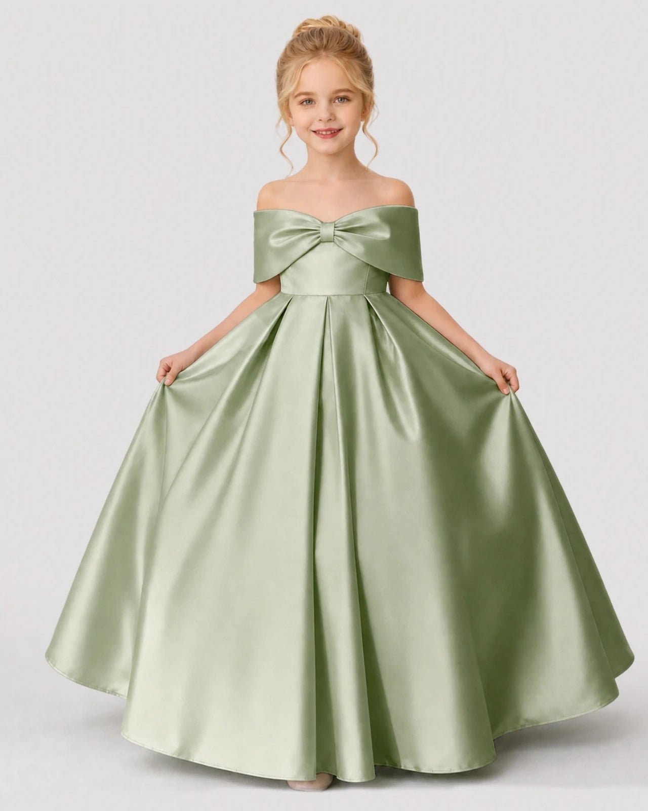 Sage Green Satin A-line Flower Girl Dress Front View