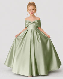 Dideyttawl White Flower Girl Dress Off-the-Shoulder Satin Ball Gown