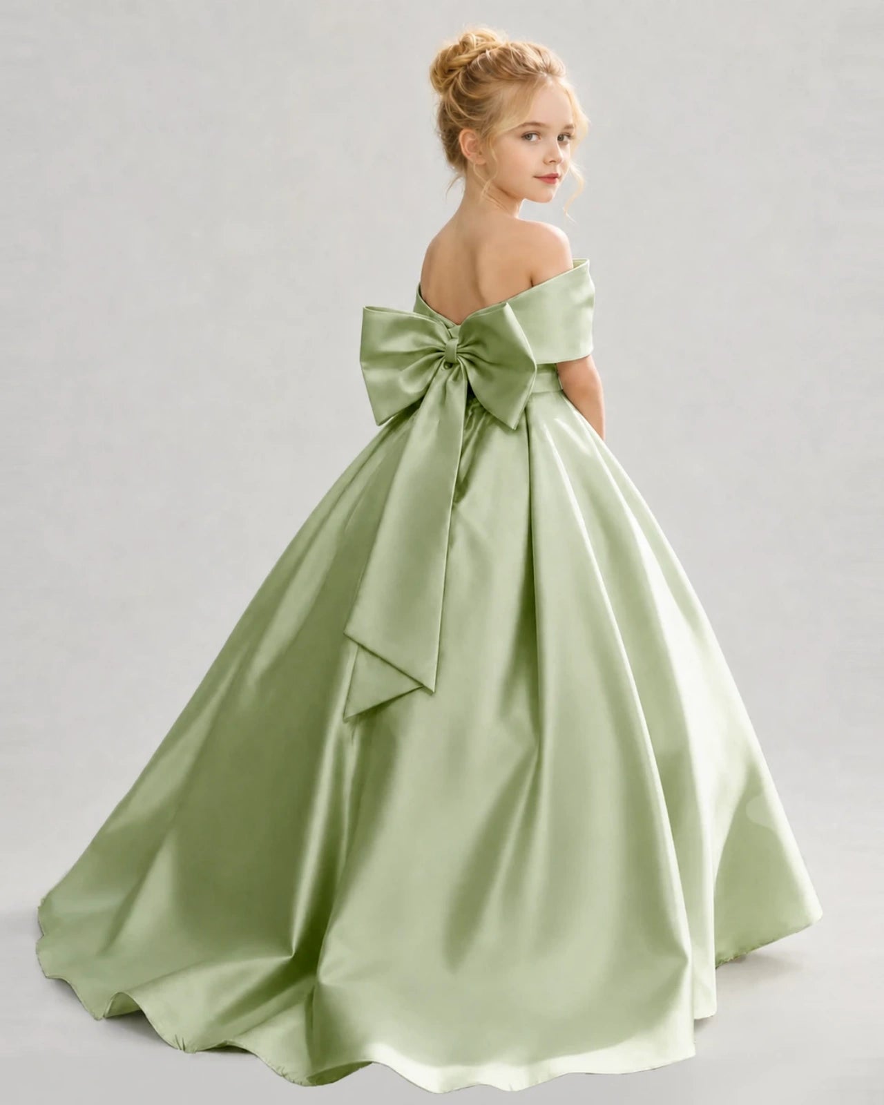 Sage Green Satin Ball Gown Flower Girl Dress Back View