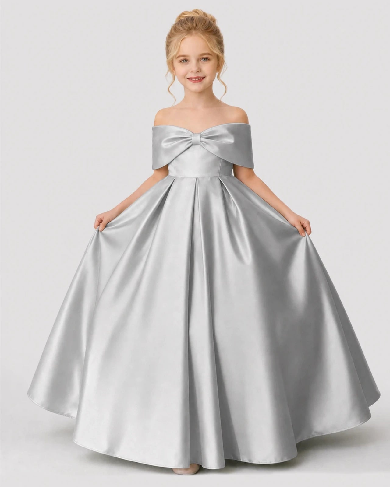 Silver Satin A-line Flower Girl Dress Front View