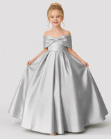 Silver Satin A-line Flower Girl Dress Front View