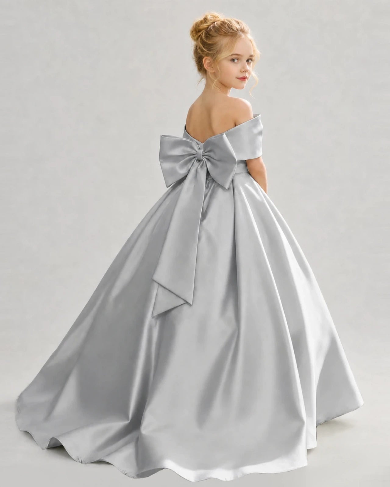 Silver Satin Ball Gown Flower Girl Dress Back View