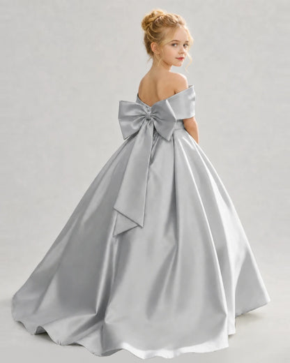 Silver Satin Ball Gown Flower Girl Dress Back View