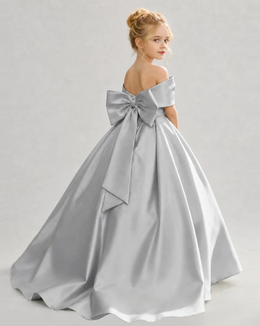 Silver Satin Ball Gown Flower Girl Dress Back View