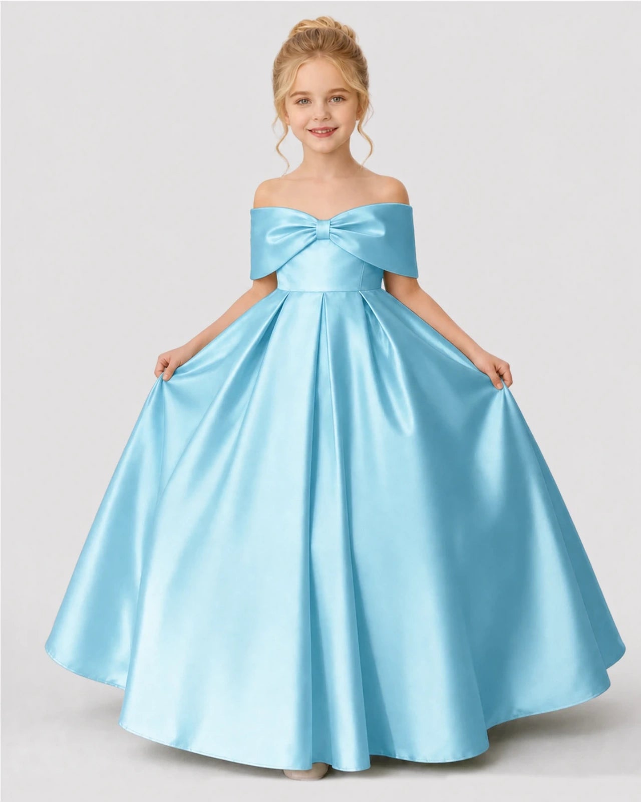 Sky Blue Satin A-line Flower Girl Dress Front View