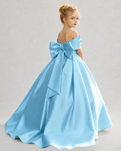 Sky Blue Satin Ball Gown Flower Girl Dress Back View