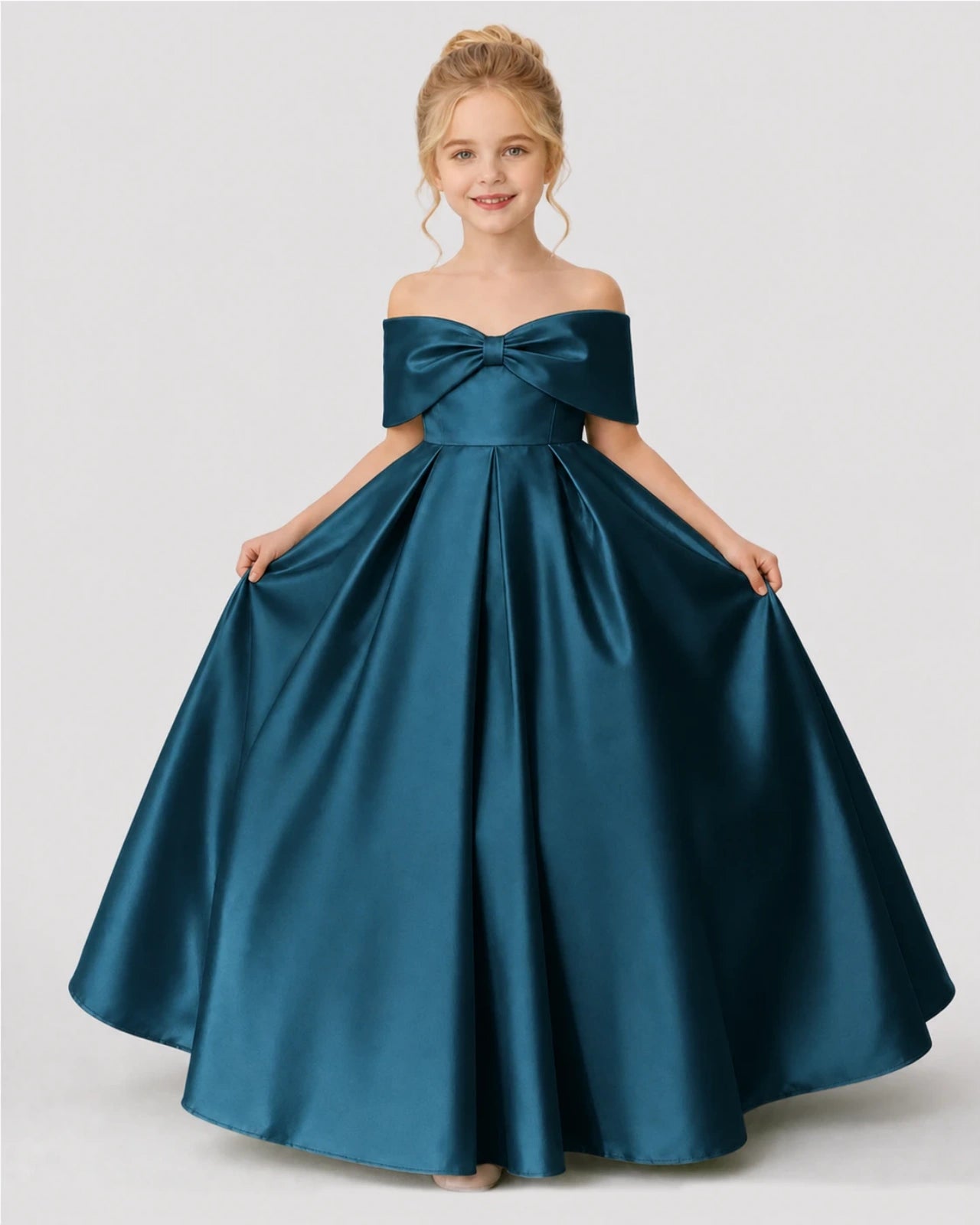 Teal Satin A-line Flower Girl Dress Front View