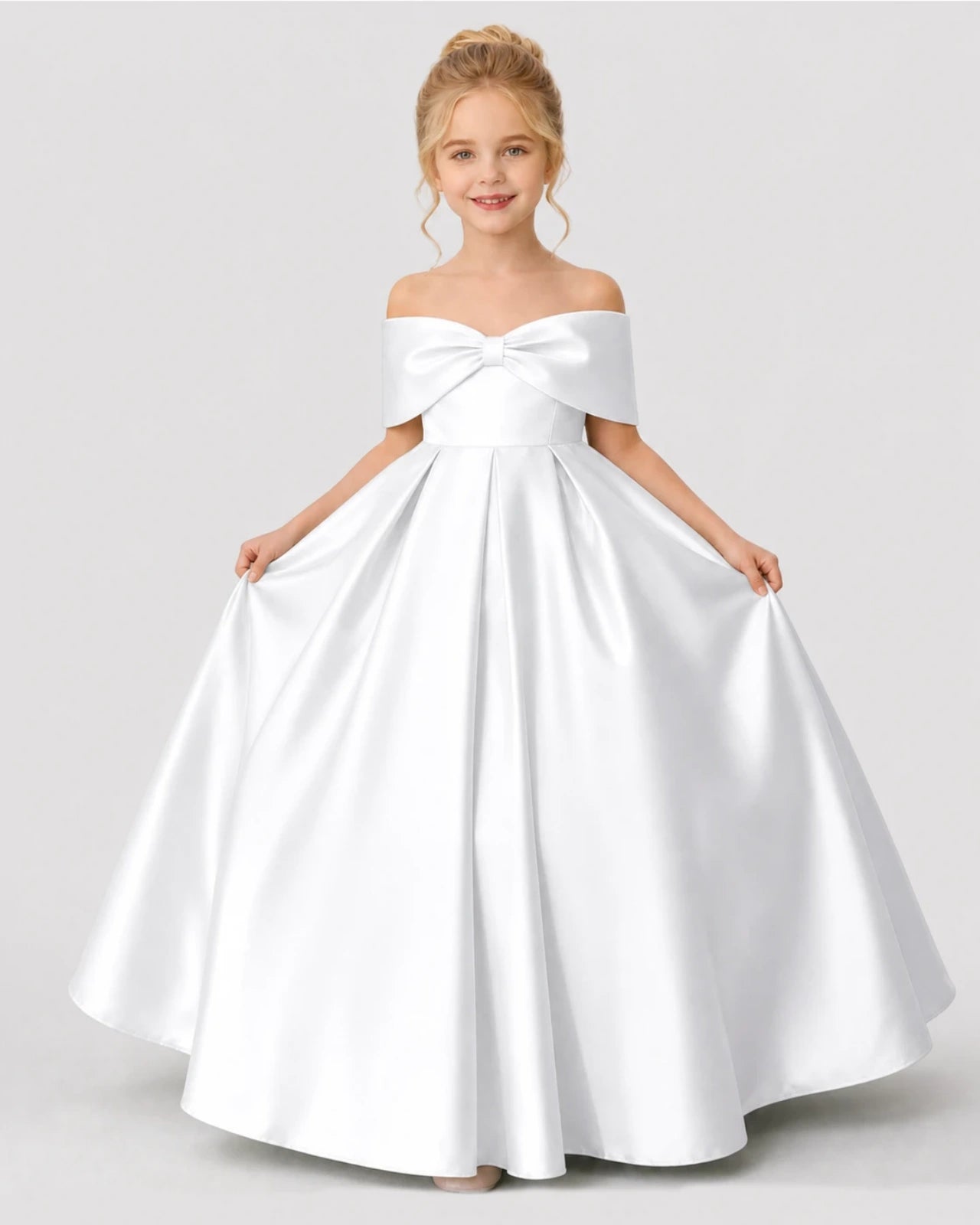 White Satin A-line Flower Girl Dress Front View