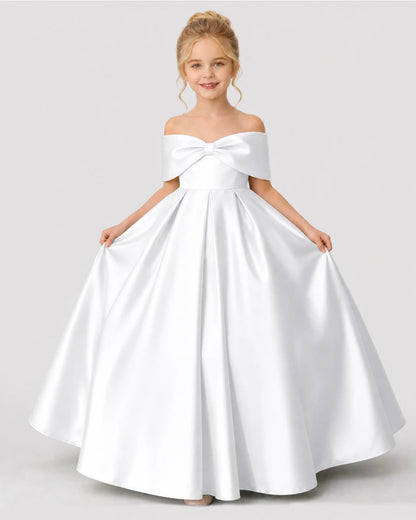 White Satin A-line Flower Girl Dress Front View