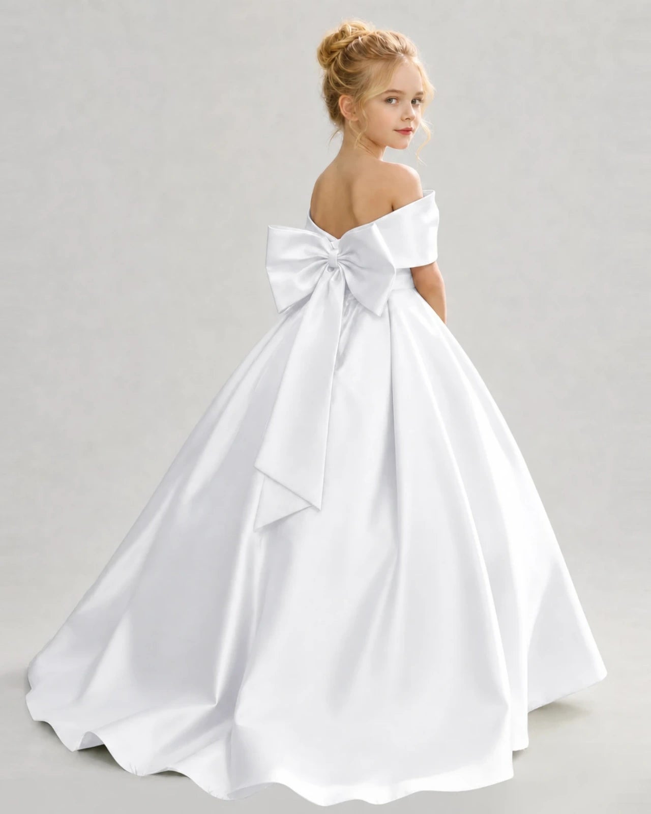 White Satin Ball Gown Flower Girl Dress Back View