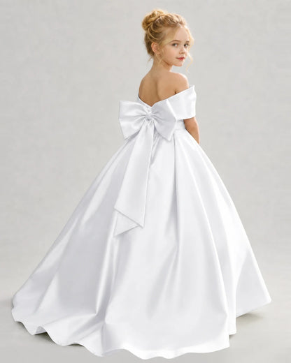 White Satin Ball Gown Flower Girl Dress Back View