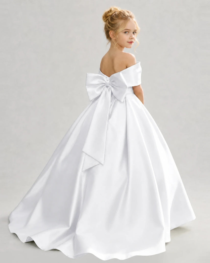 White Satin Ball Gown Flower Girl Dress Back View