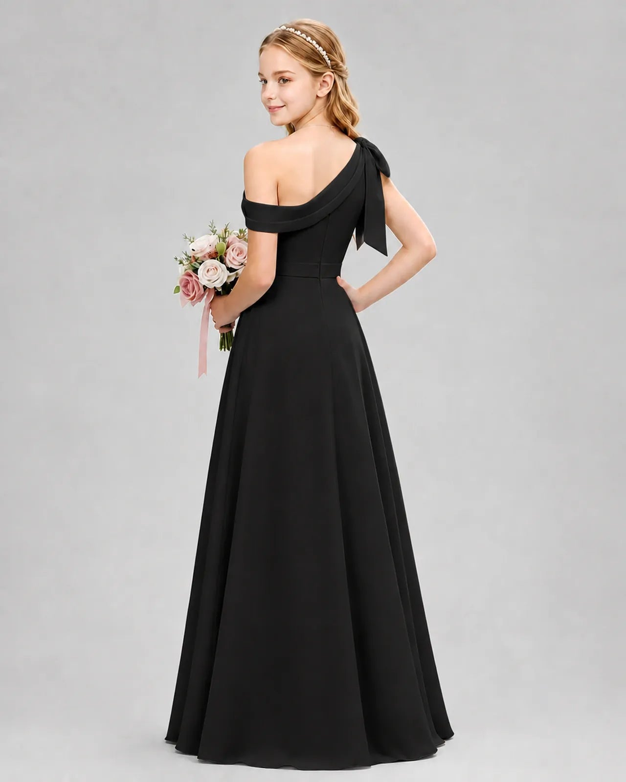 Black Chiffon A-line Junior Bridesmaid Dress Back View