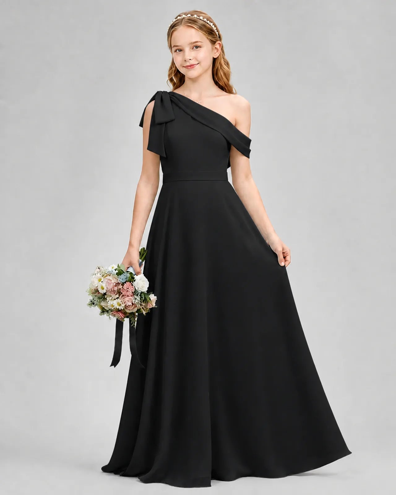 Black Chiffon A-line Junior Bridesmaid Dress Front View