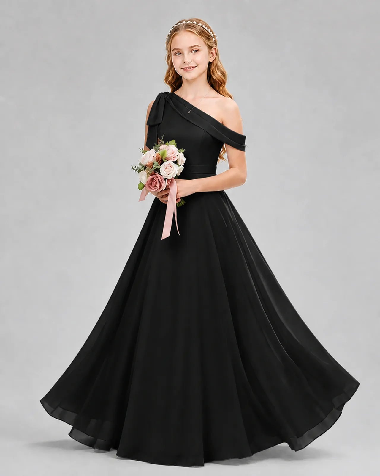 Black Chiffon A-line Junior Bridesmaid Dress Front View