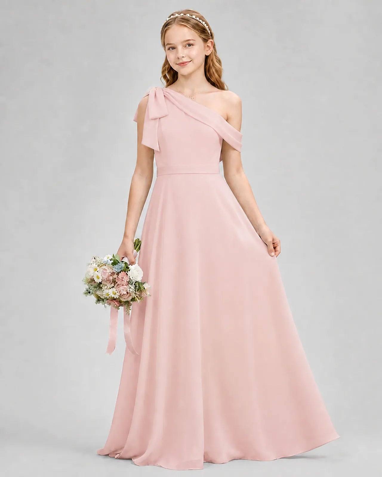 Blush Pink Chiffon A-line Junior Bridesmaid Dress Front View