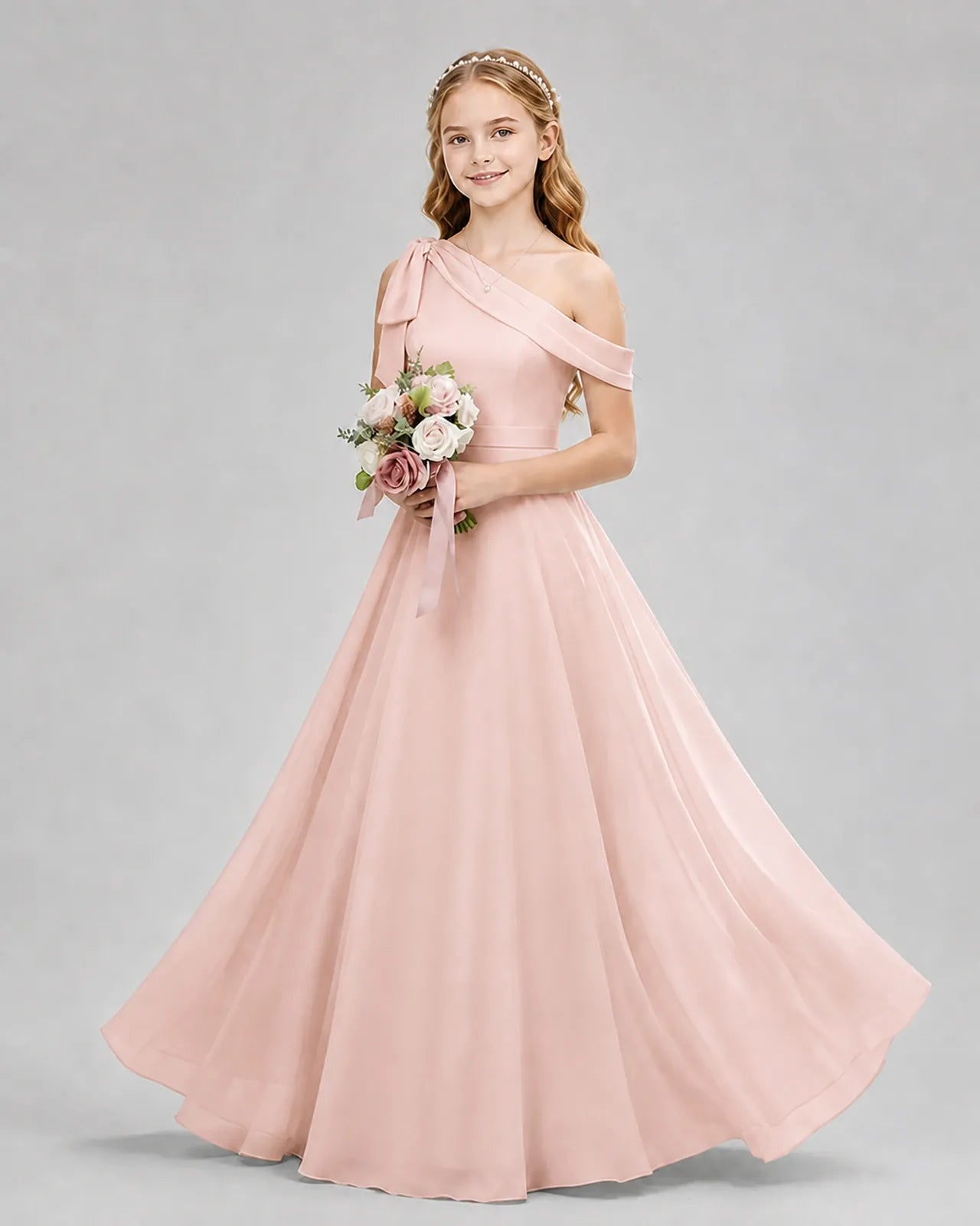 Blush Pink Chiffon A-line Junior Bridesmaid Dress Front View