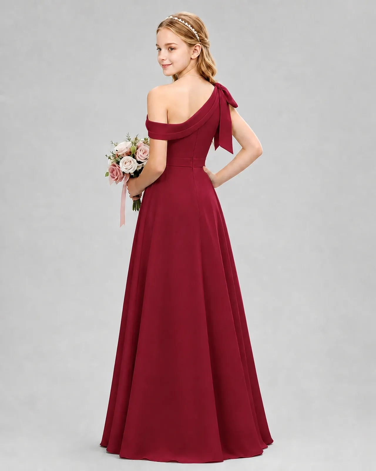 Burgundy Chiffon A-line Junior Bridesmaid Dress Back View
