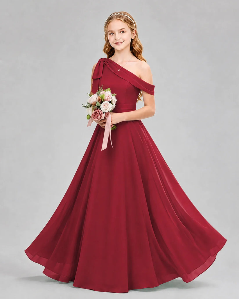 Burgundy Chiffon A-line Junior Bridesmaid Dress Front View