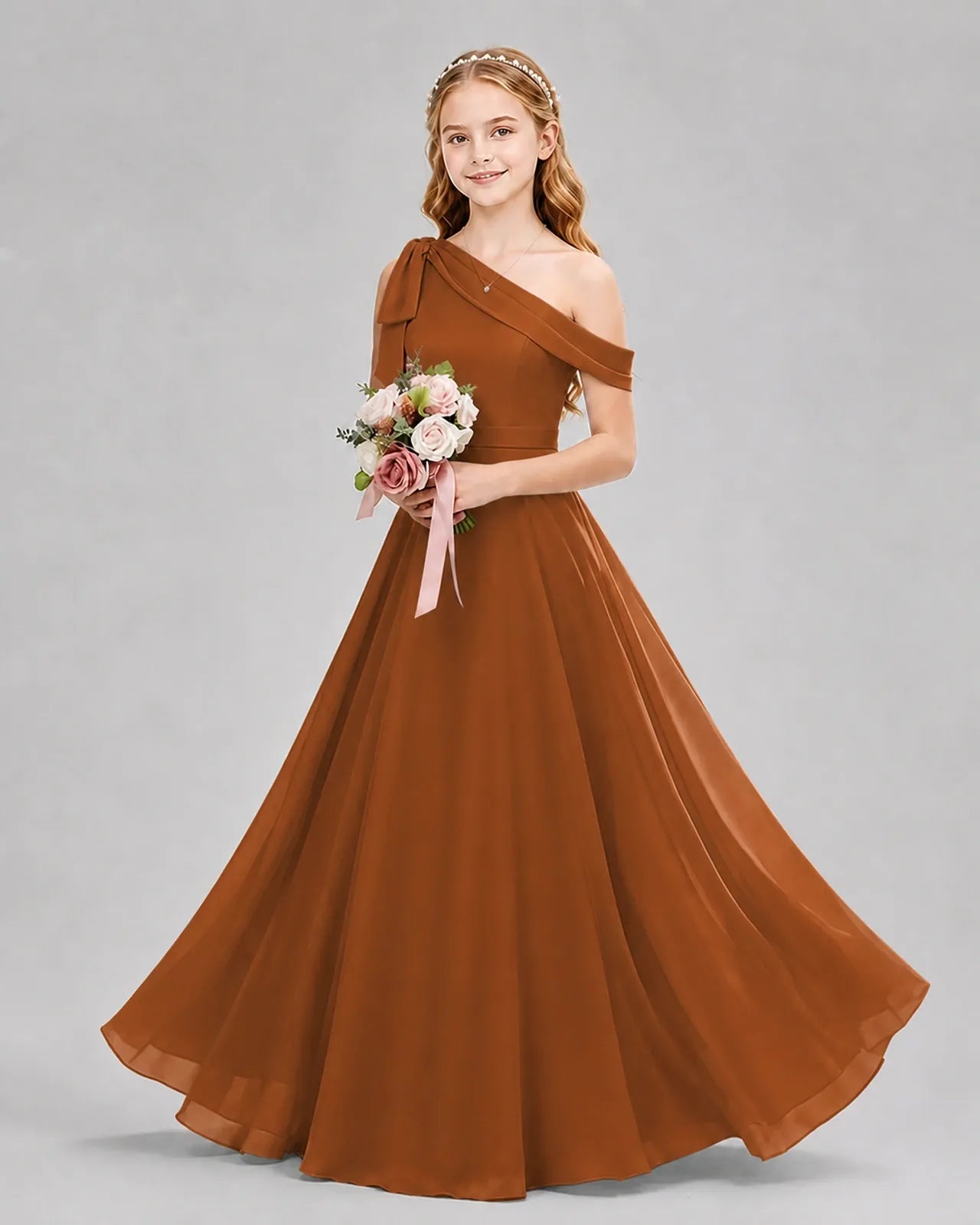 Burnt Orange Chiffon A-line Junior Bridesmaid Dress Front View