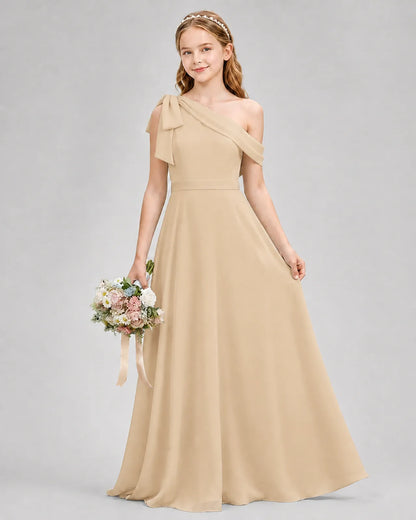 Champagne Chiffon A-line Junior Bridesmaid Dress Front View
