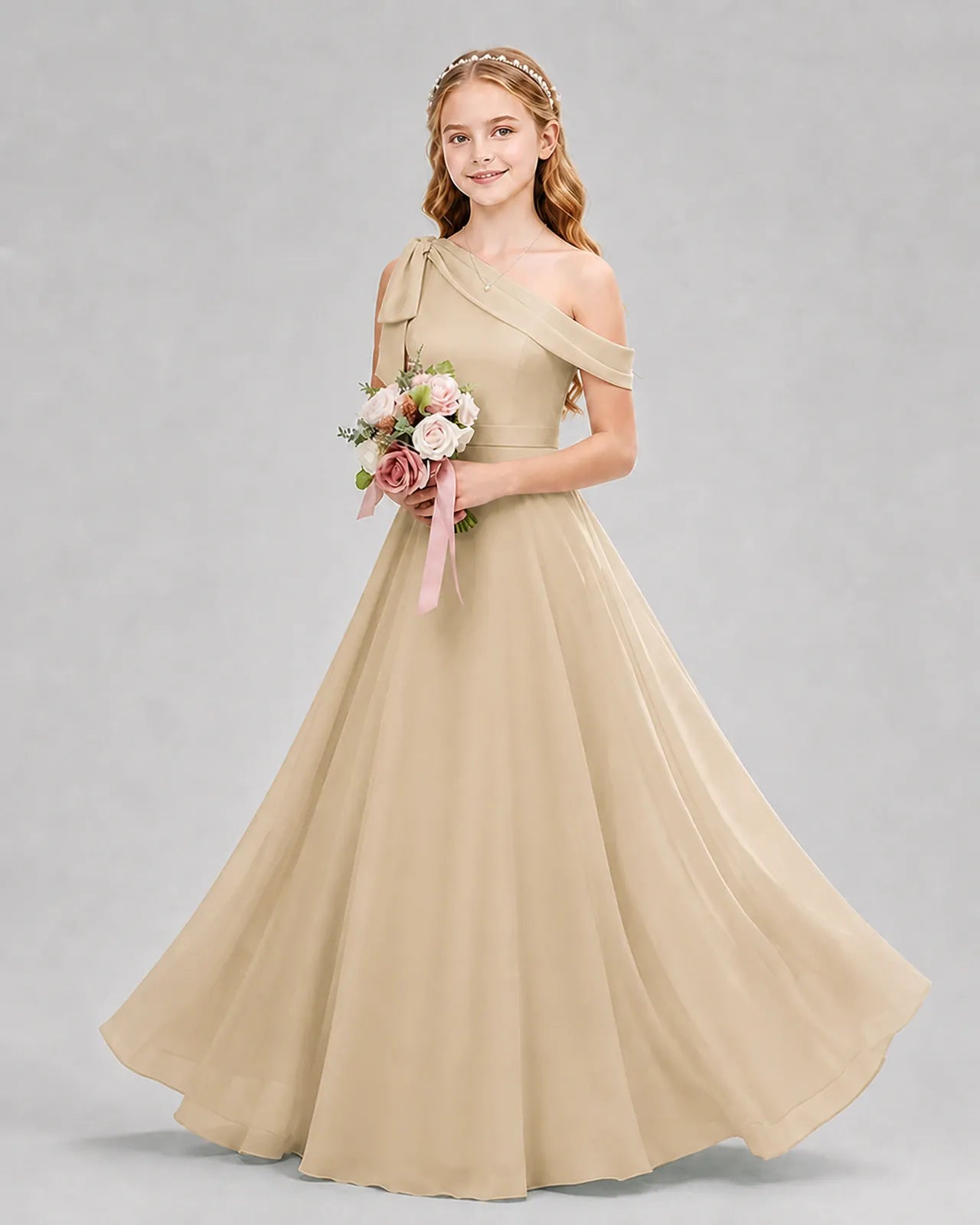 Champagne Chiffon A-line Junior Bridesmaid Dress Front View