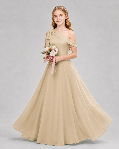 Champagne Chiffon A-line Junior Bridesmaid Dress Front View
